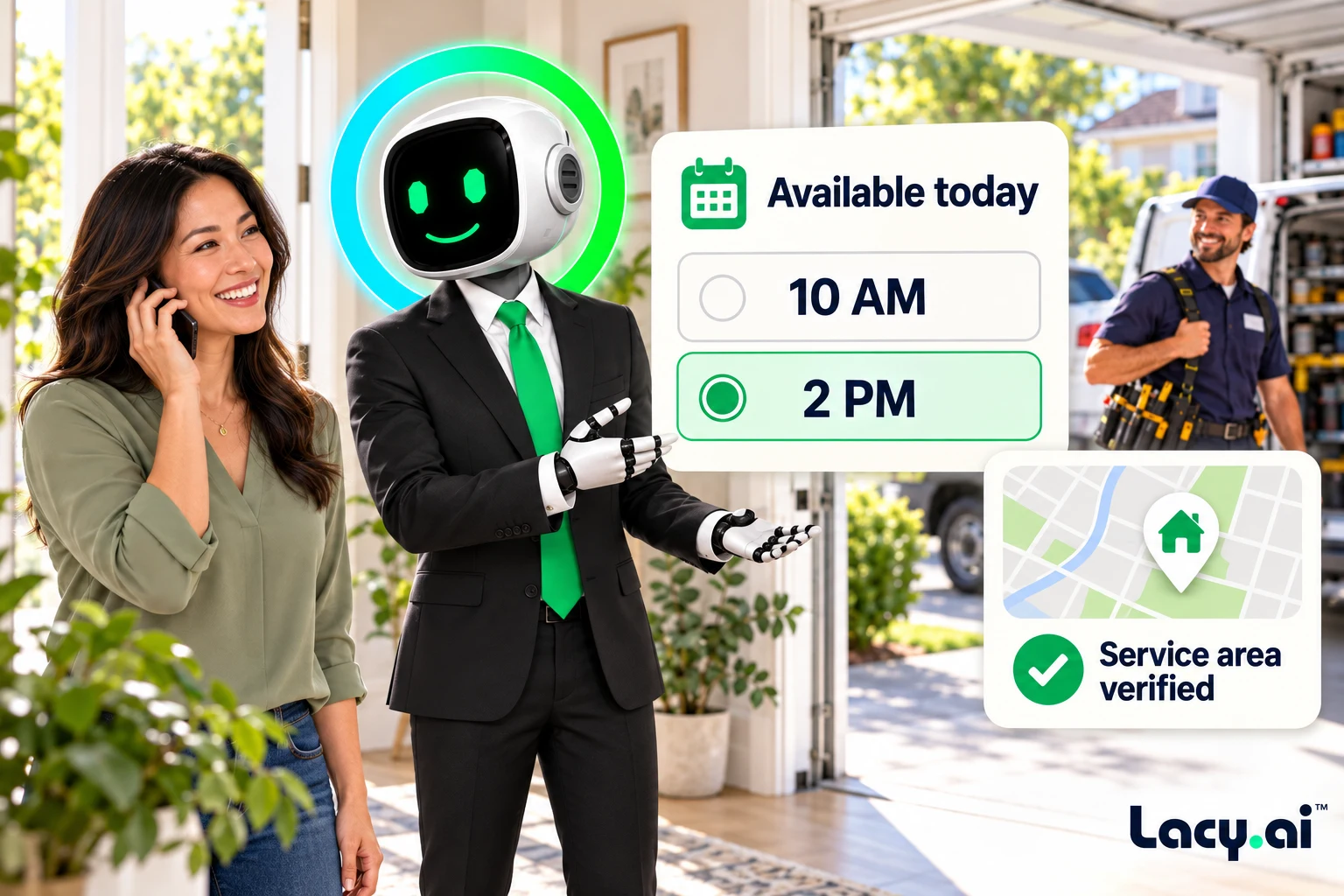 Lacy checks the service area and available appointment times for a garage door customer.