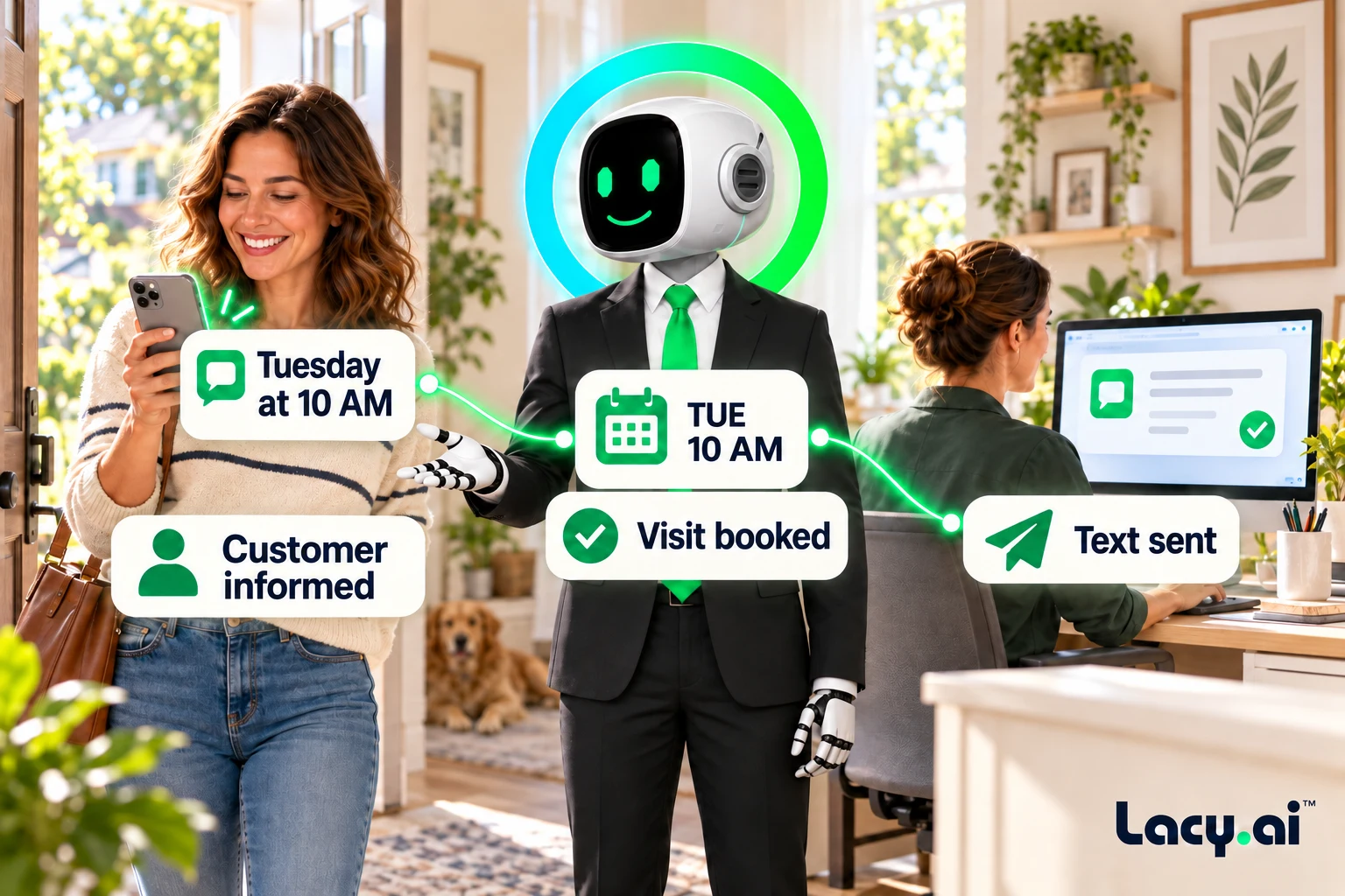A customer receives a Tuesday appointment text sent from the service business.