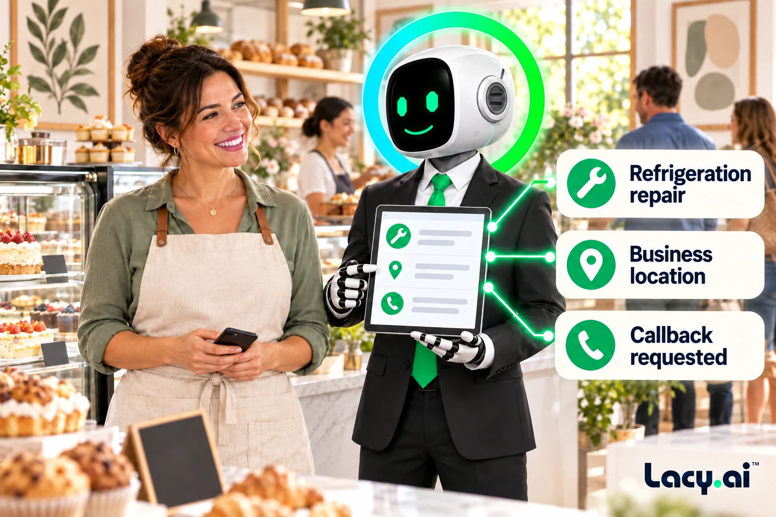 A bakery owner ends a call while Lacy captures a refrigeration repair and callback request.