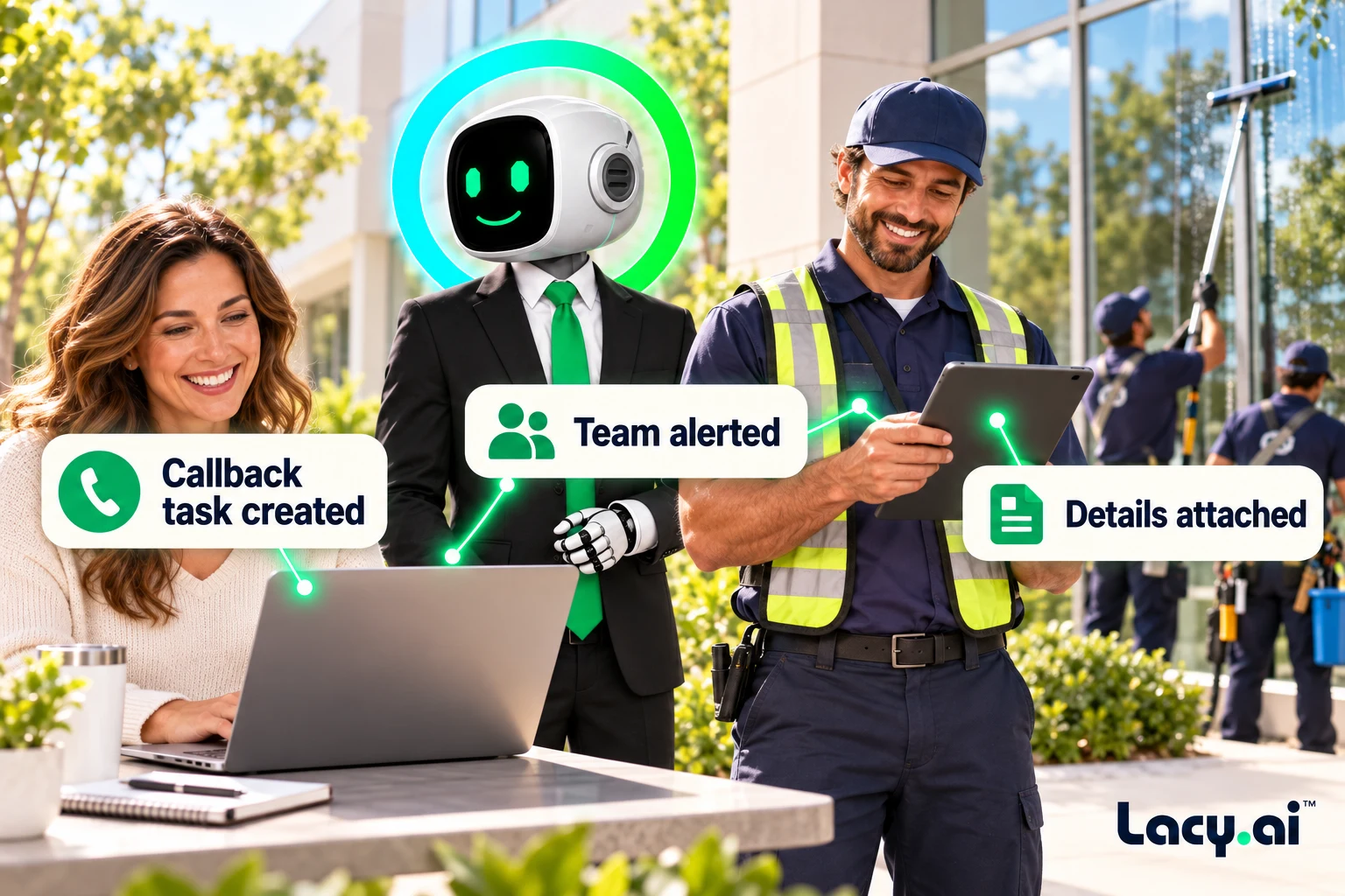 A callback task reaches the dispatcher and the window-cleaning team receives the attached details.
