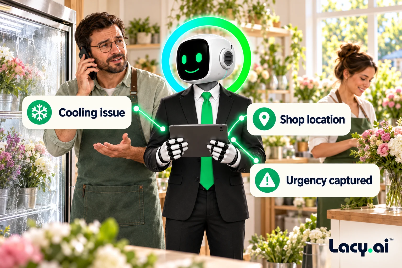 A florist reports a cooling issue while Lacy captures the location and urgency.