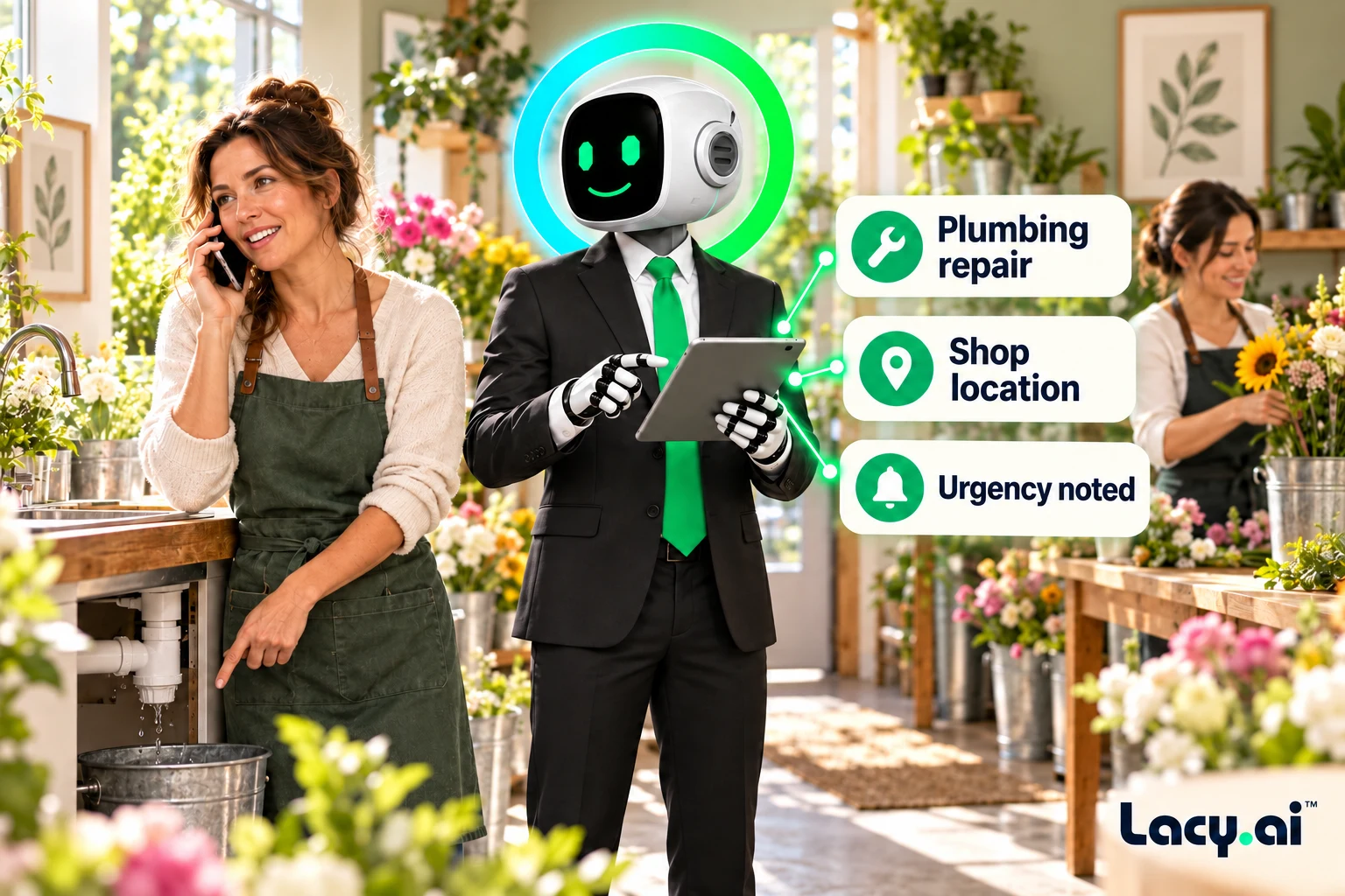 Florist reports a leaking sink while Lacy captures plumbing repair, shop location and urgency.