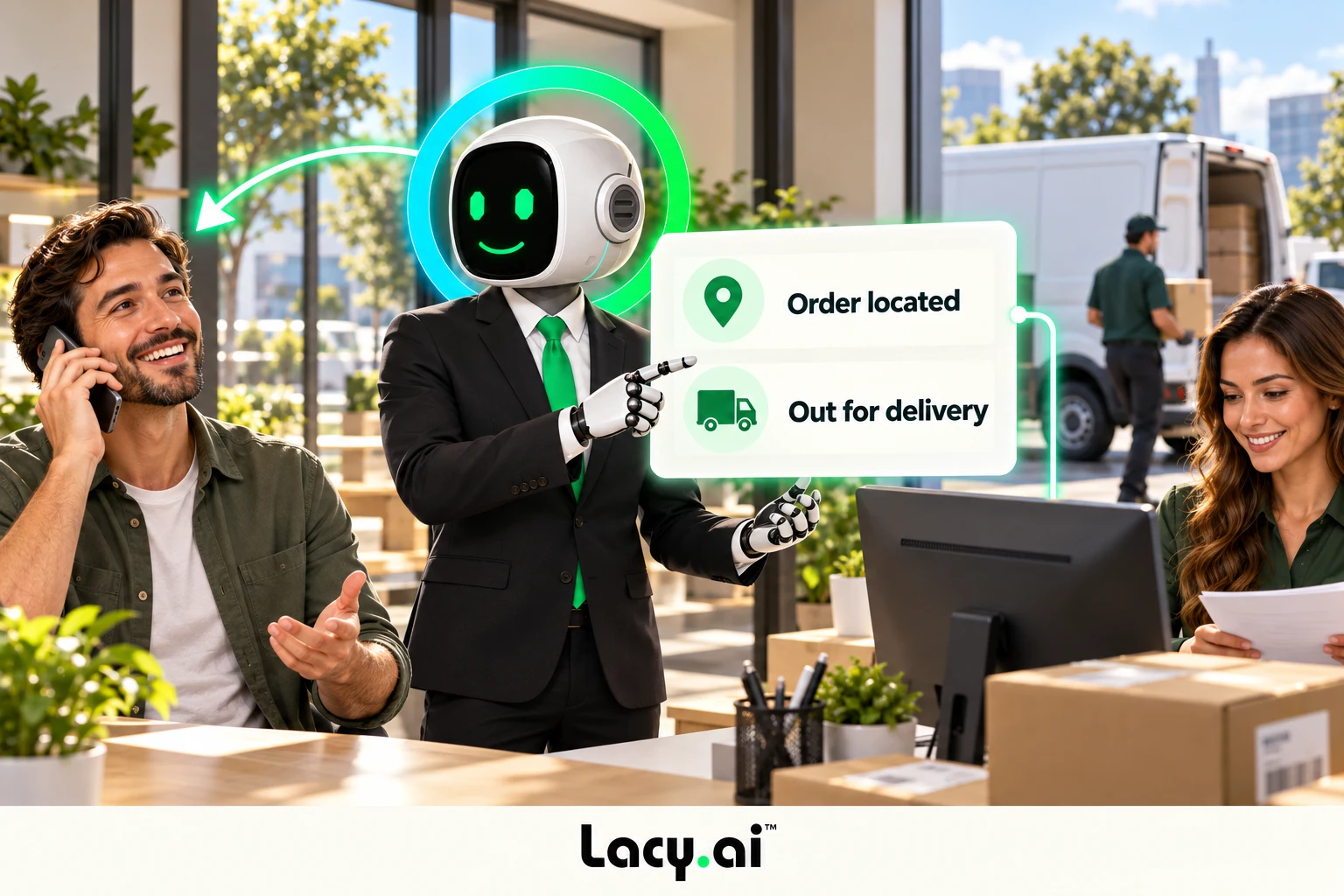 Lacy returns an order lookup result to a courier customer during the call.