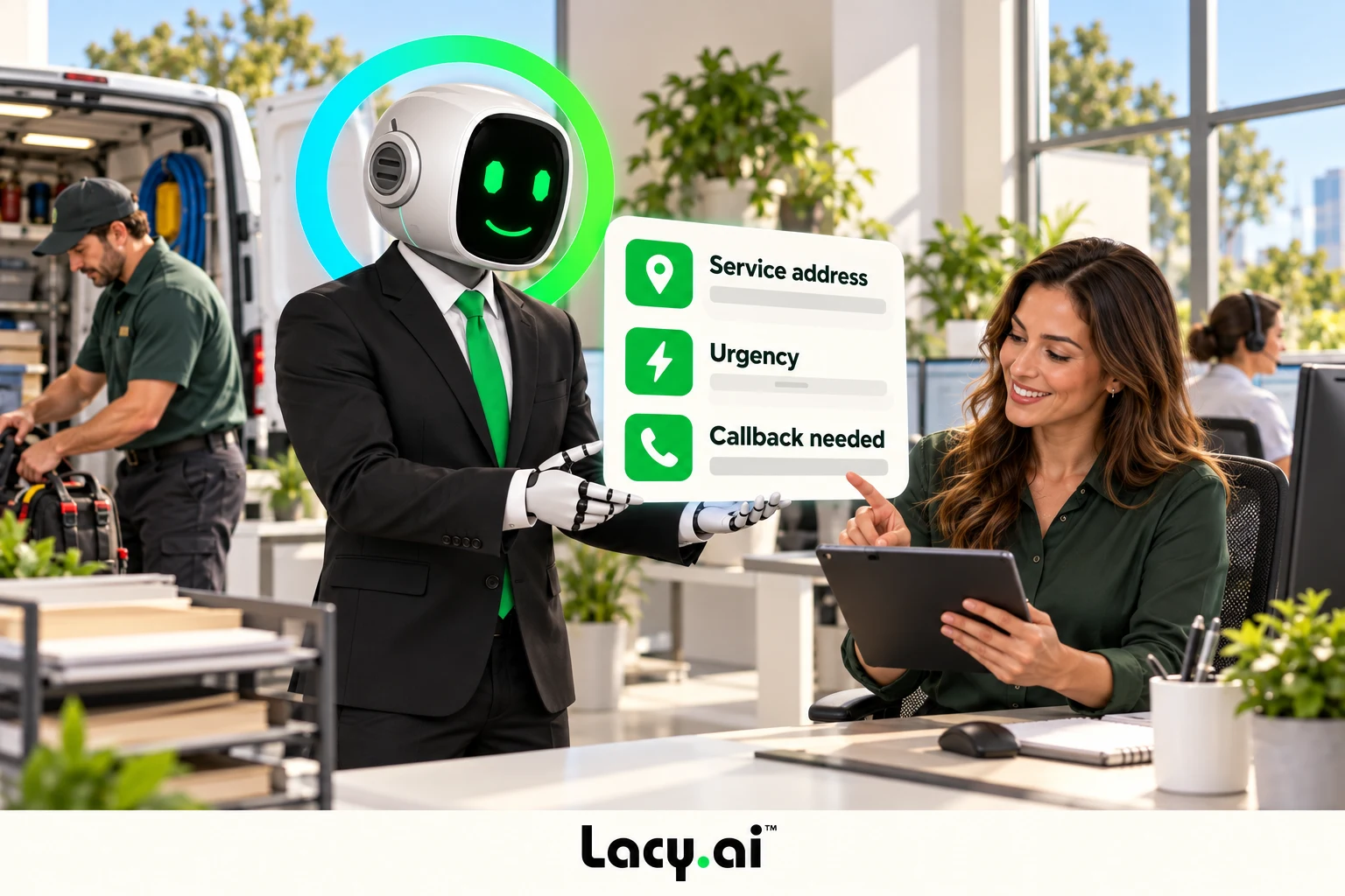Dispatcher receives service address, urgency and callback need as a structured task.