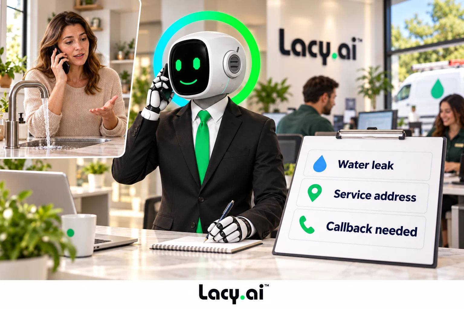 Plumbing caller and Lacy capture a water leak, service address and callback need.