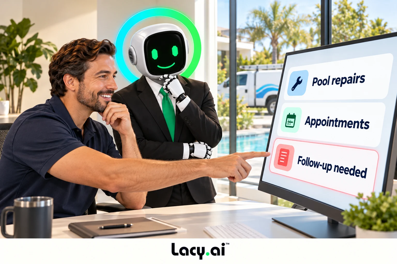 Pool-service manager reviews service demand, appointments and follow-up needs with Lacy.