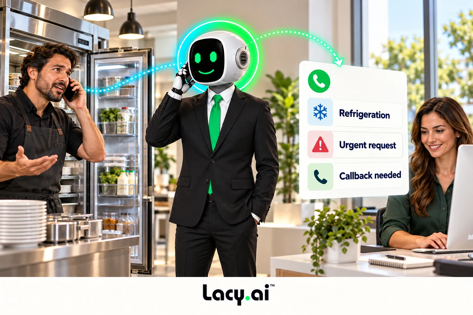 Restaurant refrigeration request becomes a structured call record with urgency and callback need.