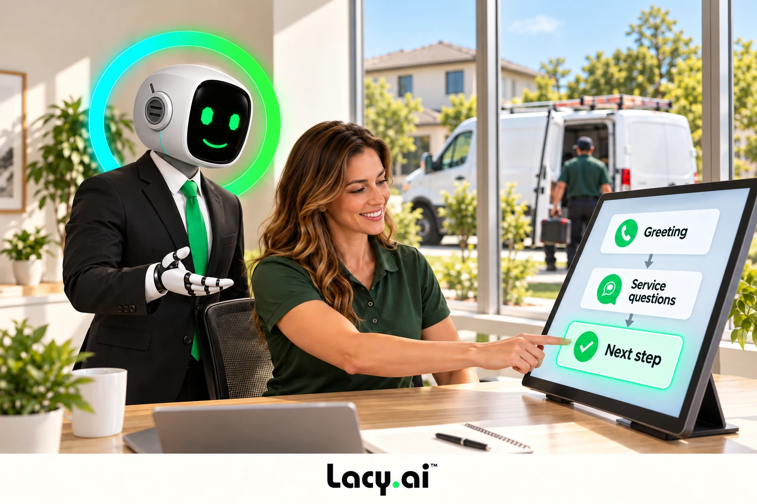 Service business owner configures a greeting, service questions and next step alongside Lacy.