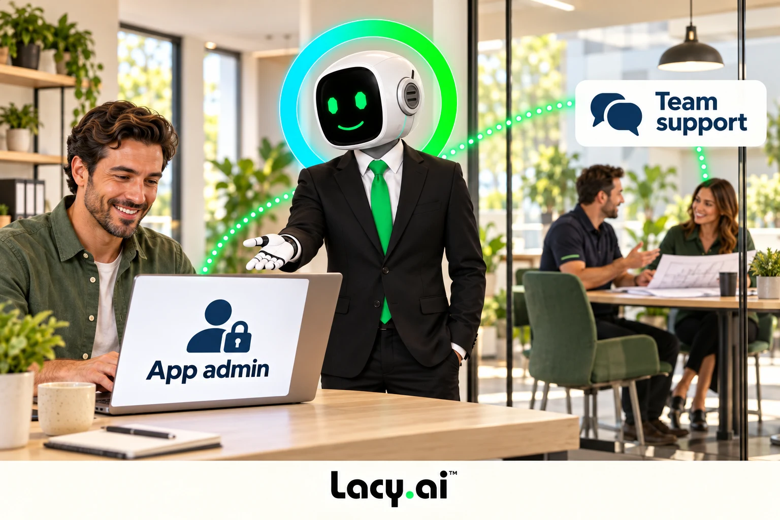One administrator uses the app while coworkers collaborate separately in a project discussion.