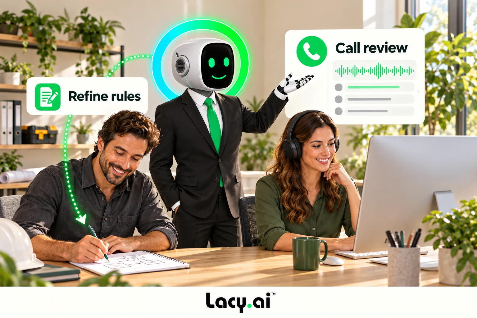 Operations owner reviews a call while a colleague notes improvements and Lacy highlights the review process.