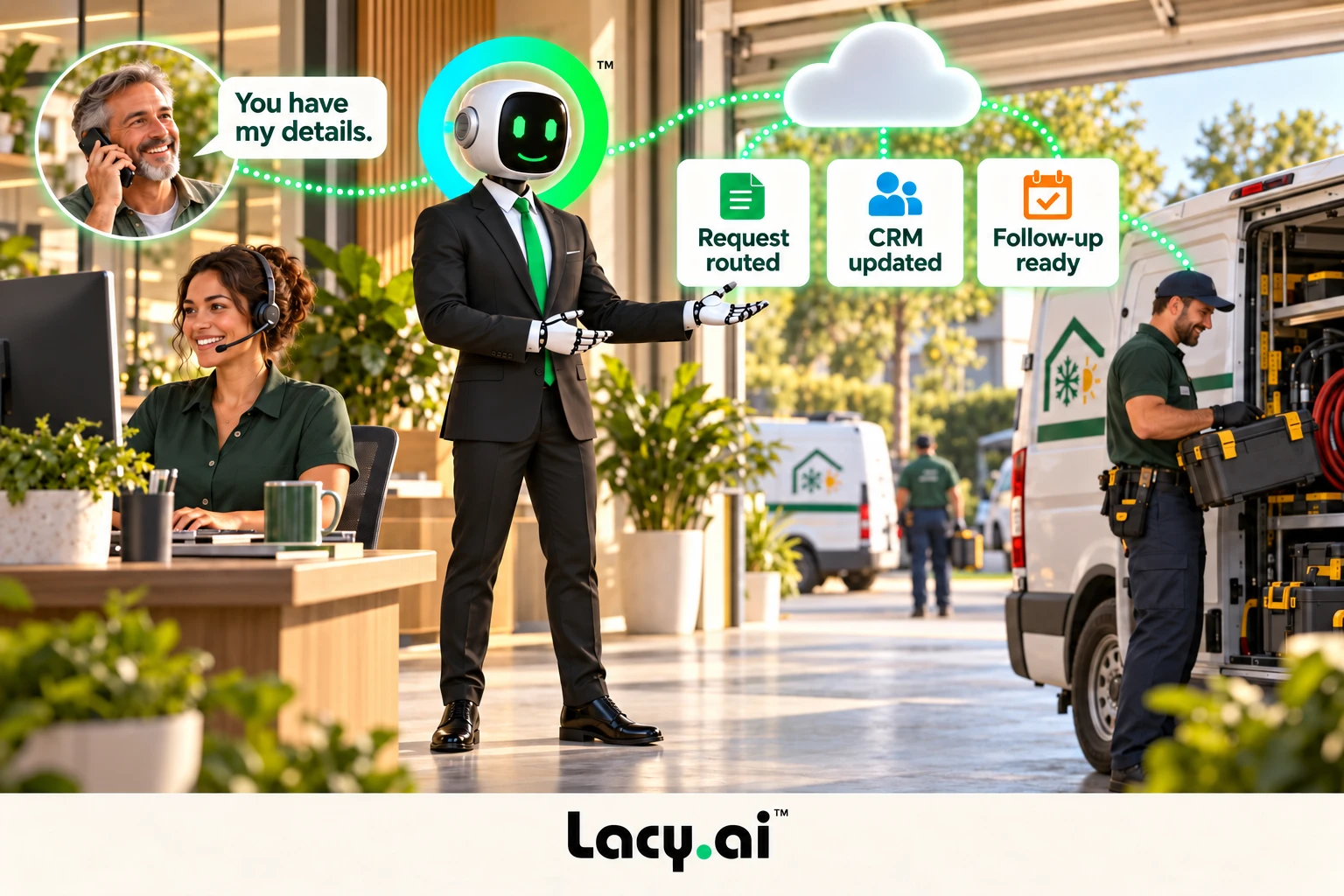 hvac action: Lacy answers, captures the request and prepares the next step.