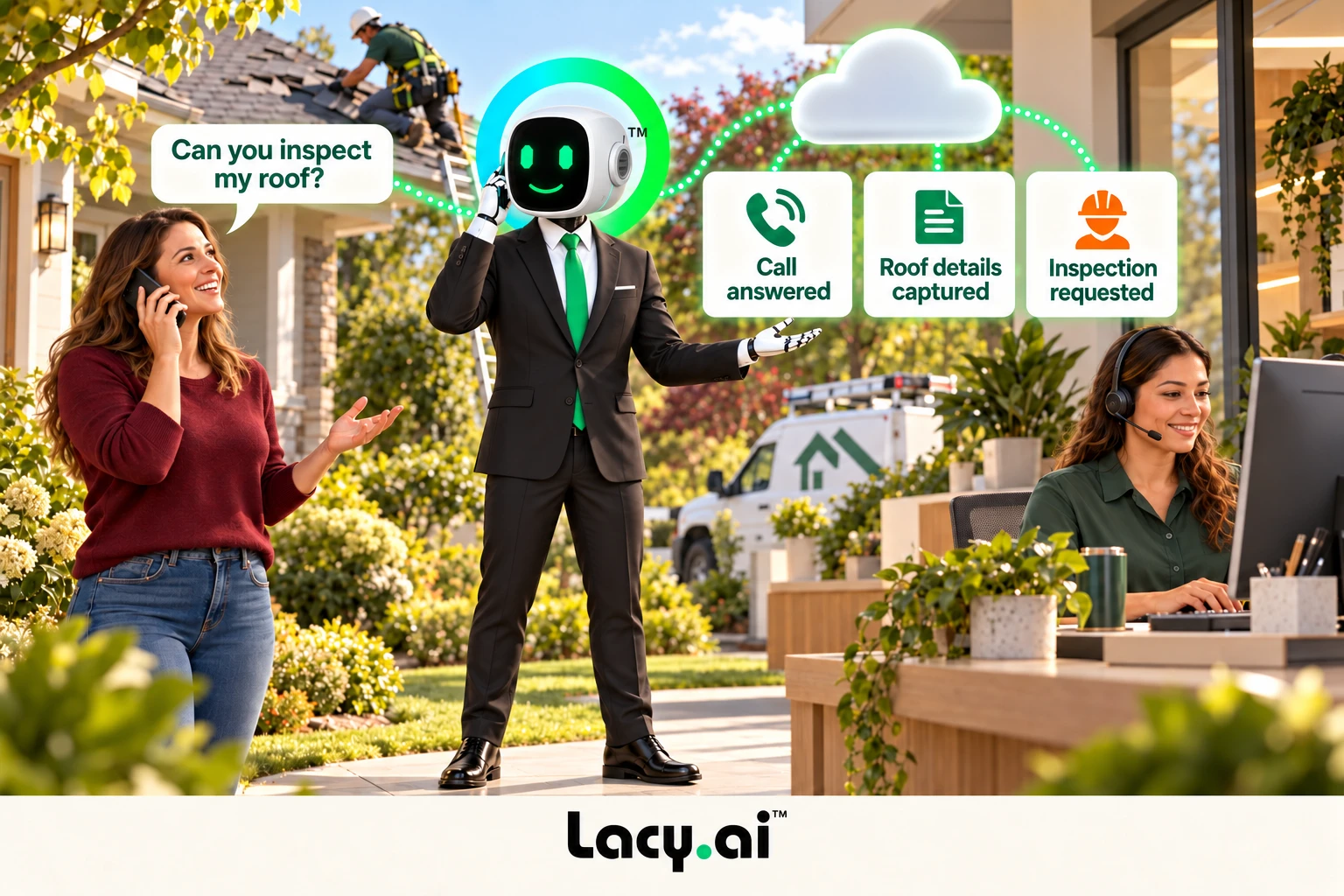 roofing hero: Lacy answers, captures the request and prepares the next step.