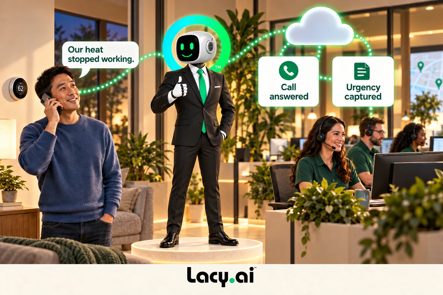 hvac answer: Lacy answers, captures the request and prepares the next step.