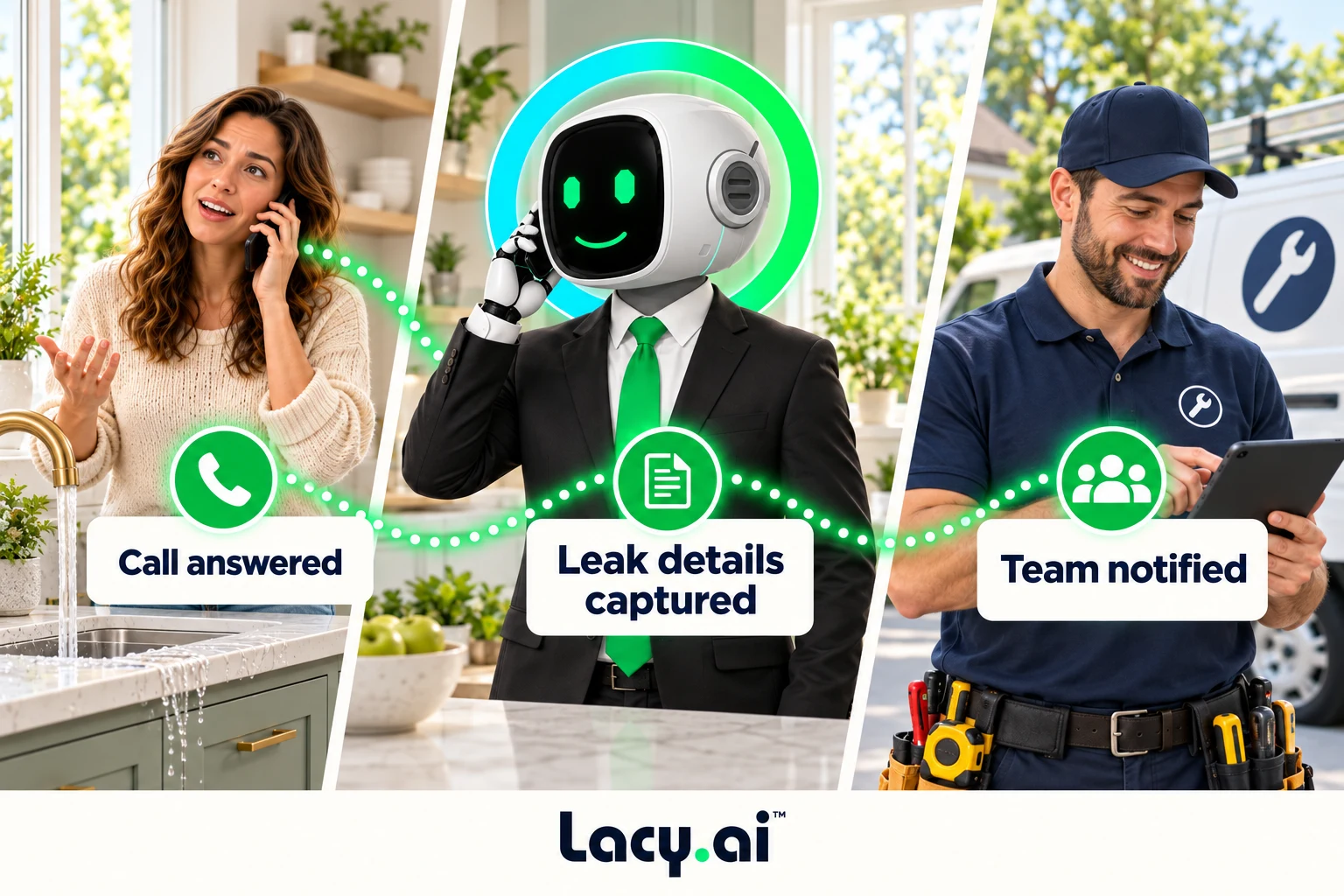 plumbing hero: smiling Lacy robot connects a customer call to service details and the next action.