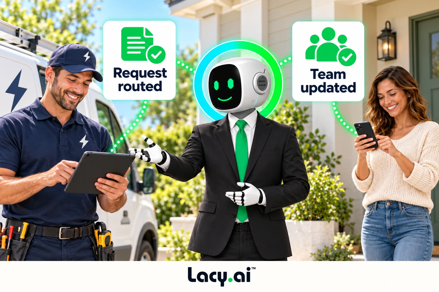 electrical action: smiling Lacy robot connects a customer call to service details and the next action.
