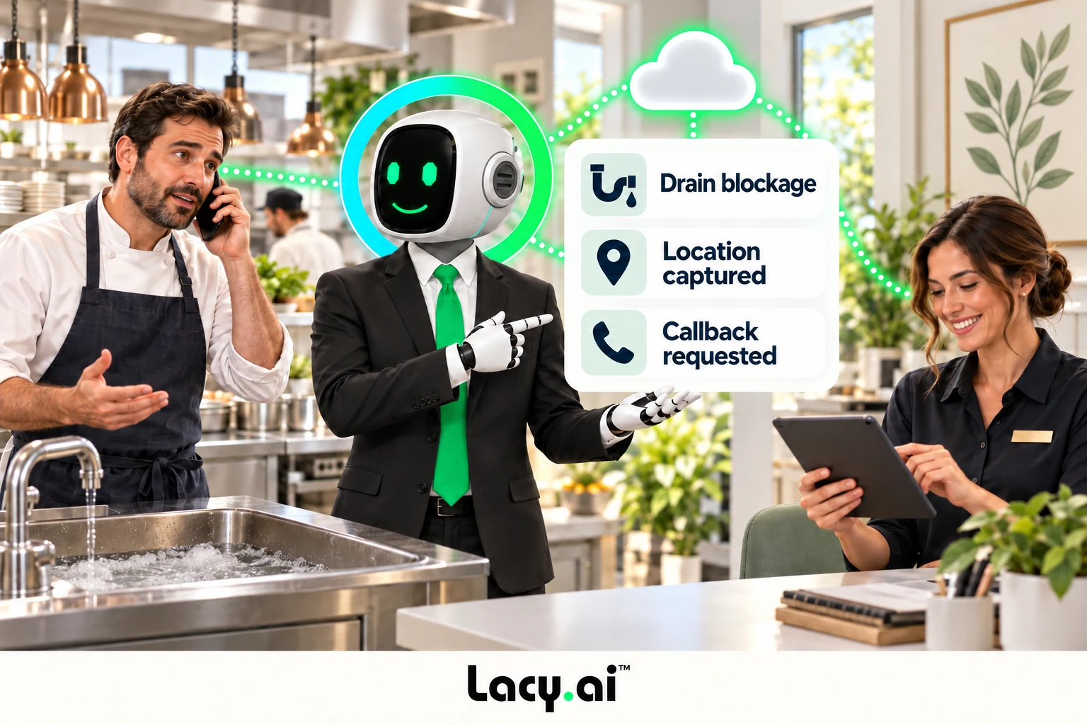plumbing intake: smiling Lacy robot connects a customer call to service details and the next action.