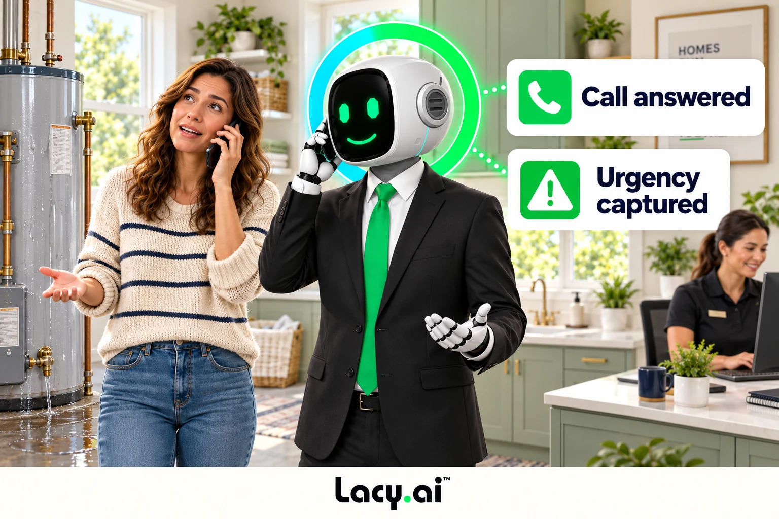 plumbing answer: smiling Lacy robot connects a customer call to service details and the next action.