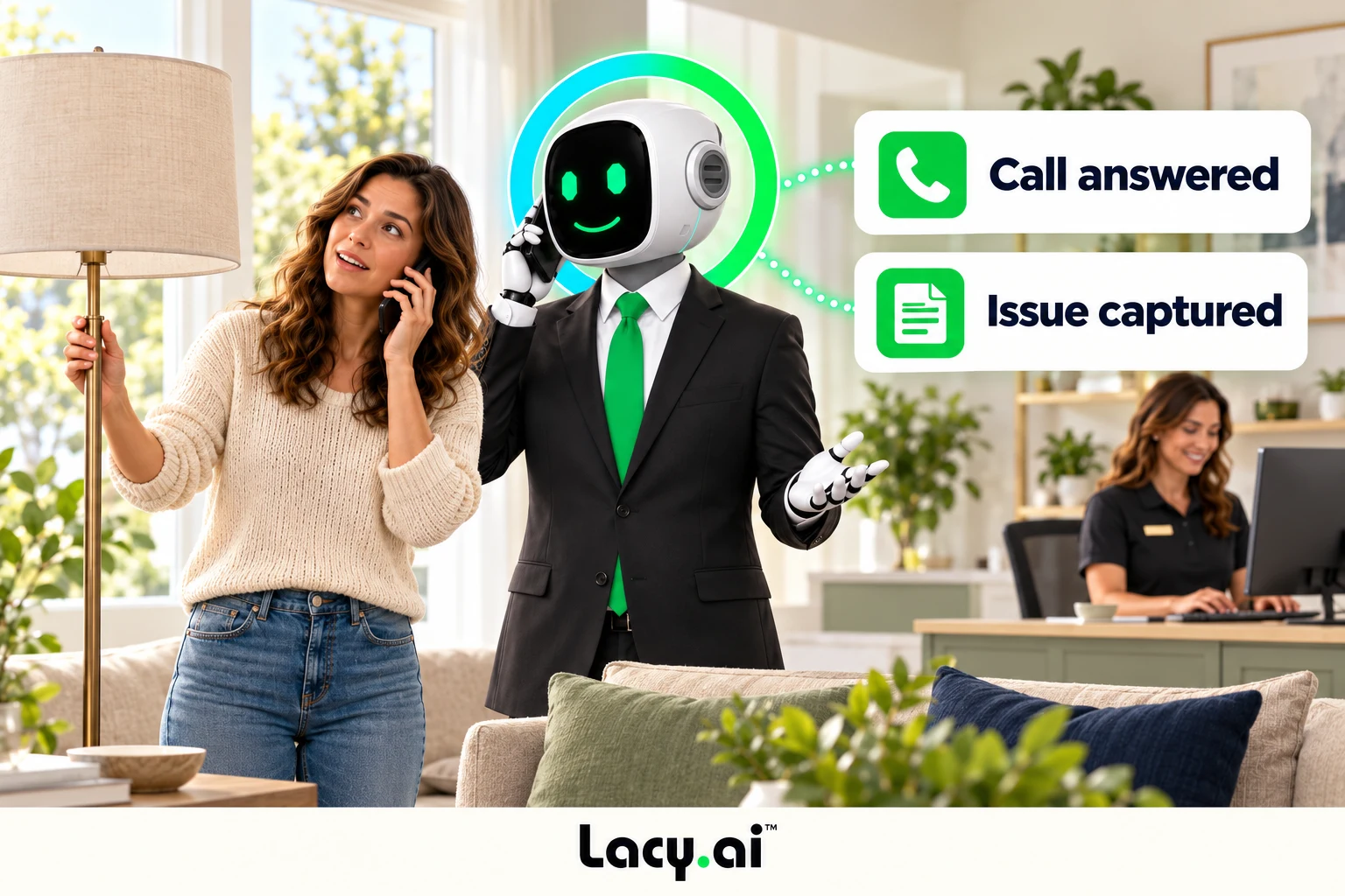 electrical answer: smiling Lacy robot connects a customer call to service details and the next action.