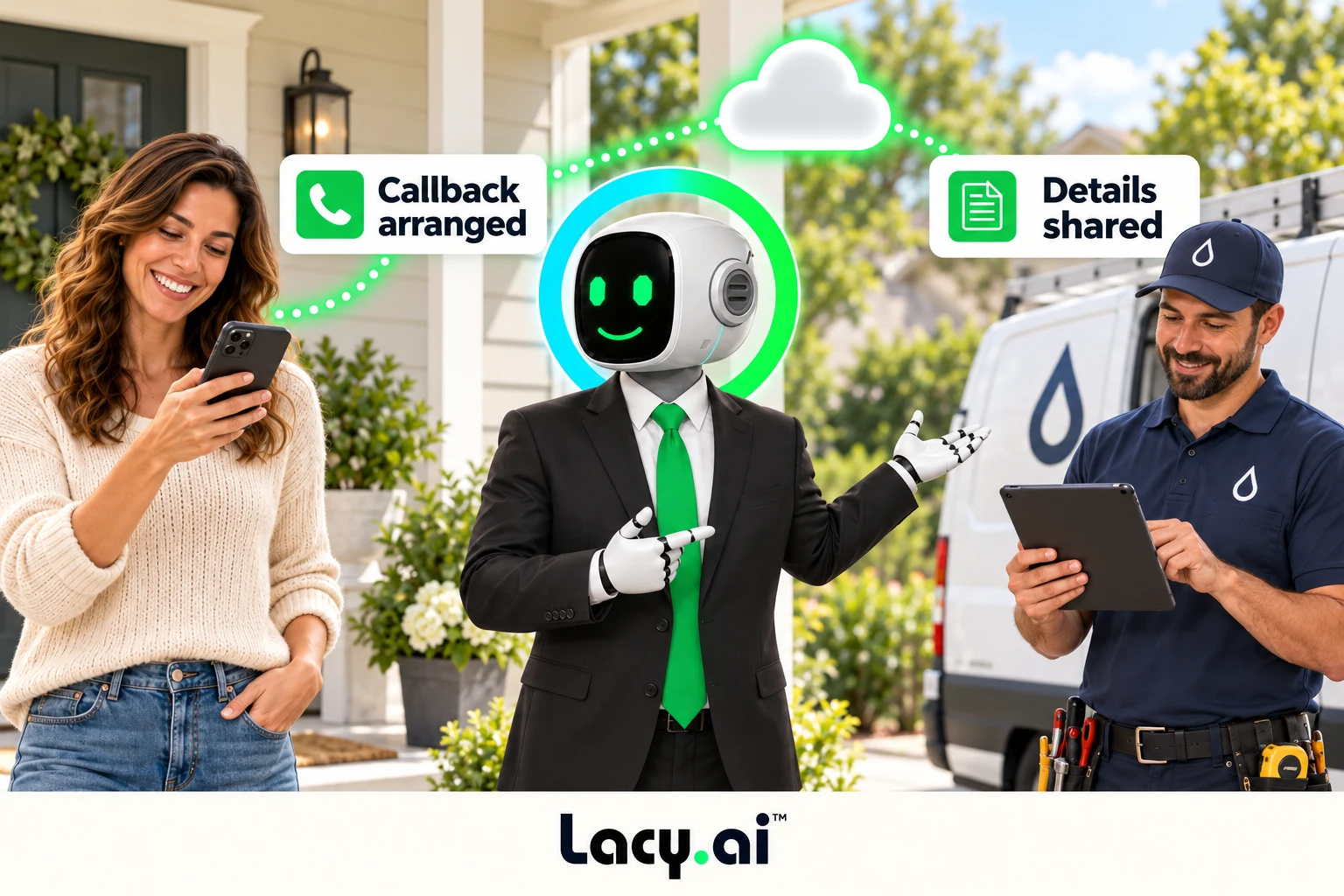 plumbing action: smiling Lacy robot connects a customer call to service details and the next action.