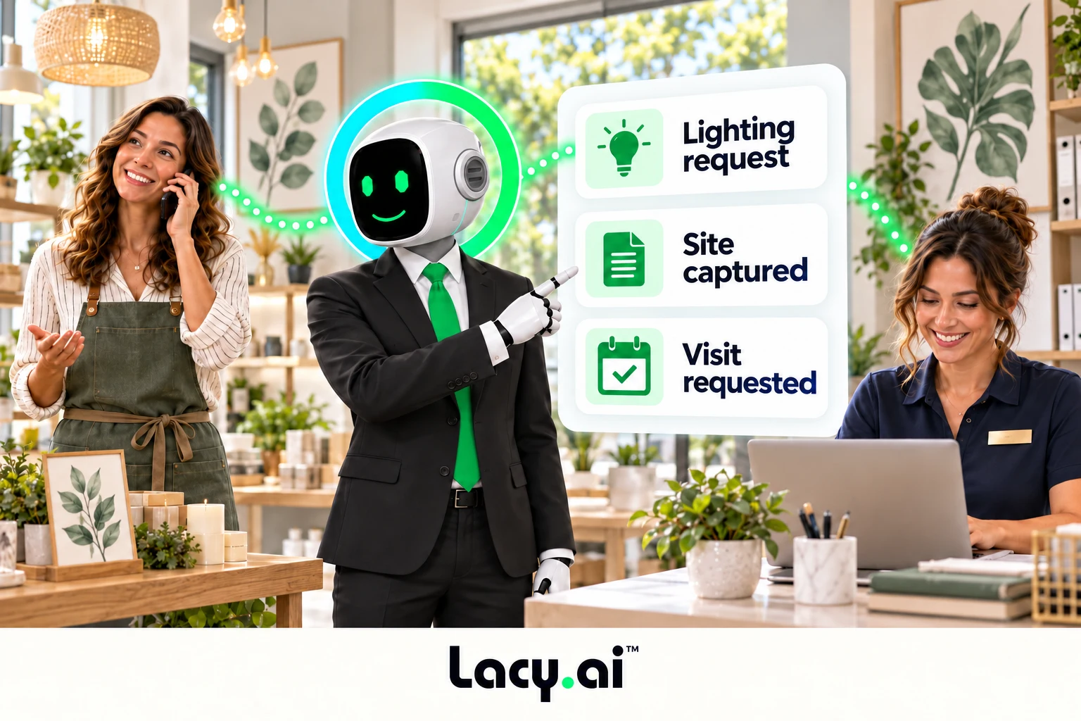 electrical intake: smiling Lacy robot connects a customer call to service details and the next action.
