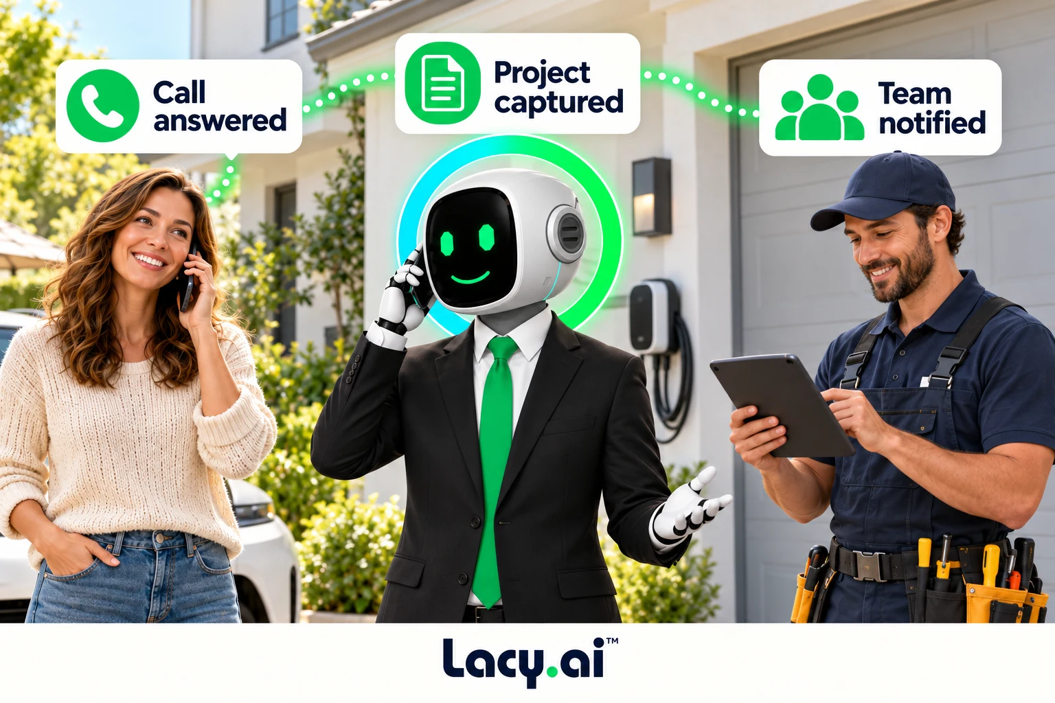 electrical hero: smiling Lacy robot connects a customer call to service details and the next action.
