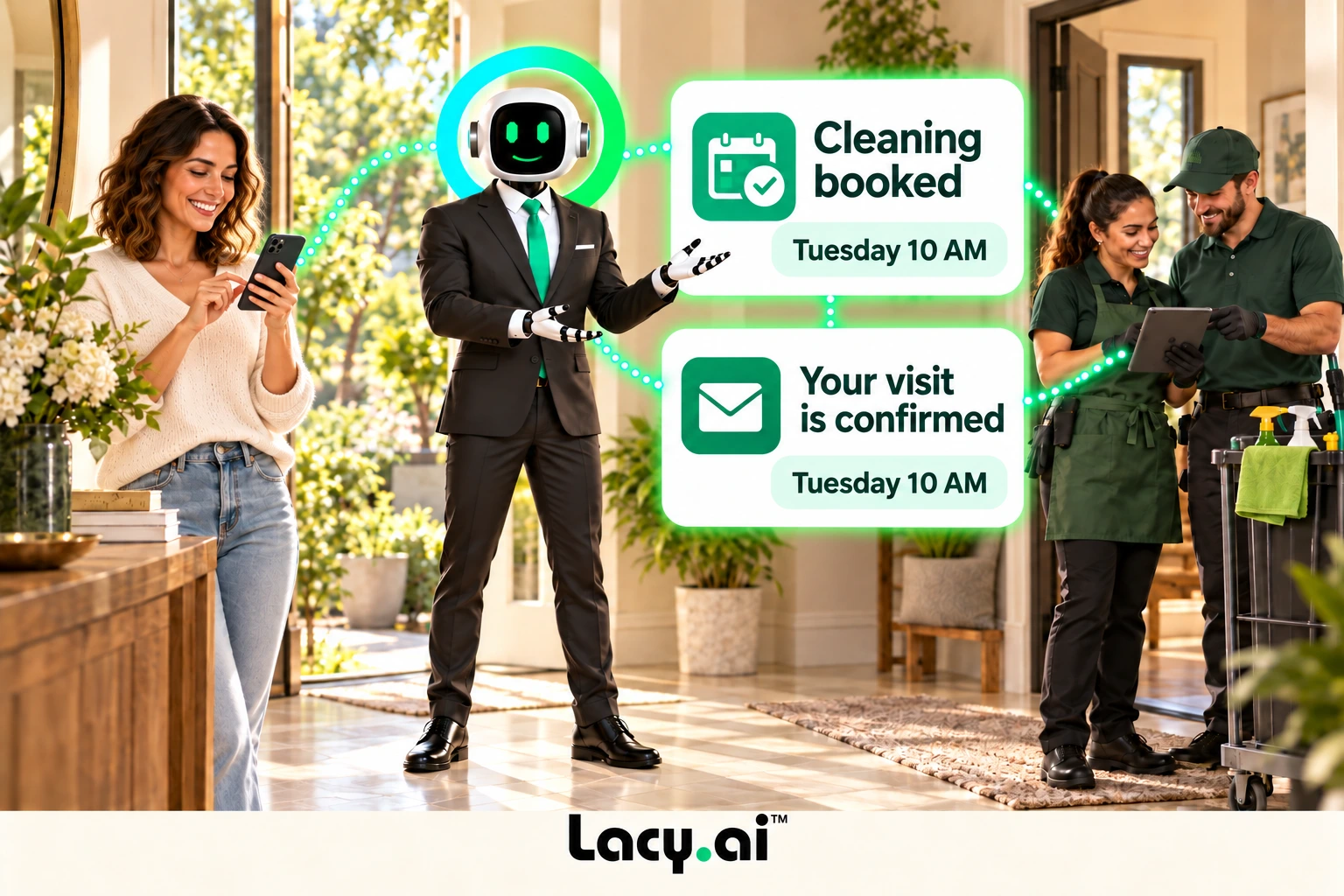 Lacy confirms a Tuesday 10 AM cleaning visit to the customer while the cleaning team reviews the appointment.