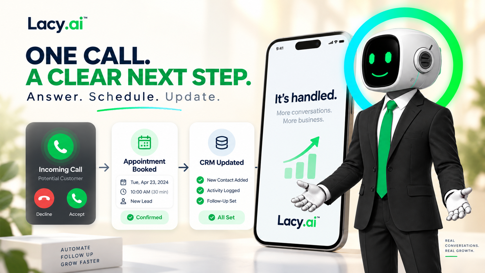 Lacy.ai: One call. A clear next step. Answer, schedule, and update your CRM.