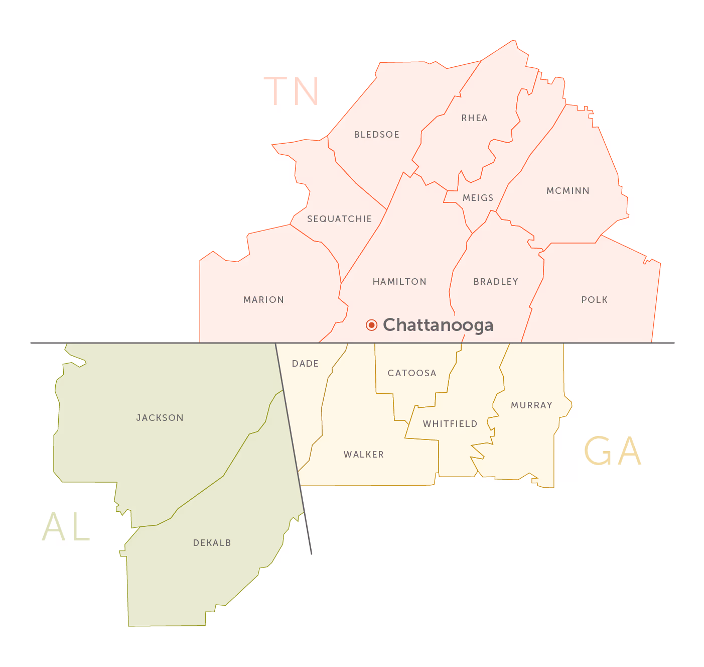 The 16-county, tri-state greater Chattanooga region.