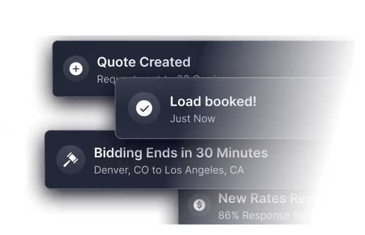 Stacked notifications: Quote Created, Load booked just now, Bidding Ends in 30 Minutes from Denver to Los Angeles.