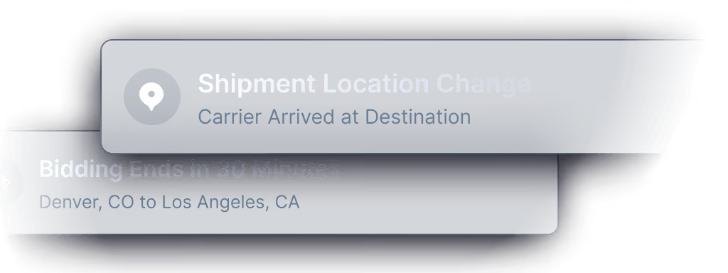 App notifications showing shipment location change and bidding ends in 30 minutes from Denver to Los Angeles.