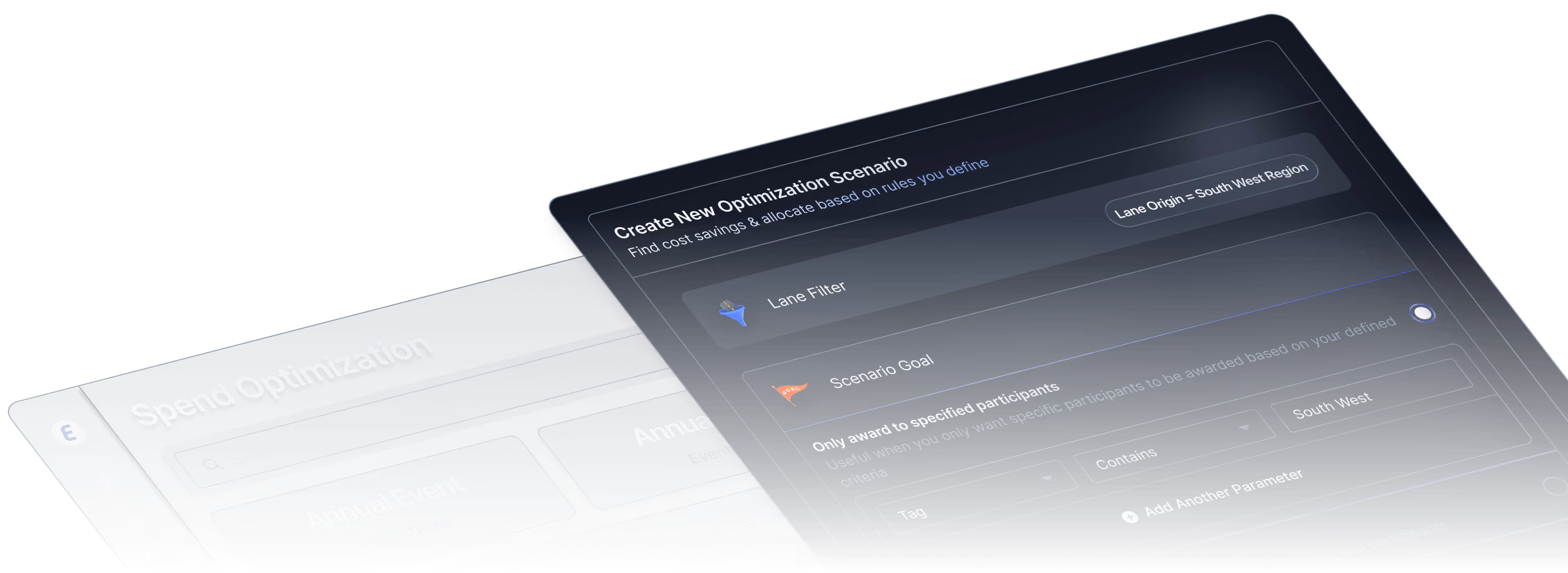 User interface showing Spend Optimization and New Optimization Scenario for cost saving settings.