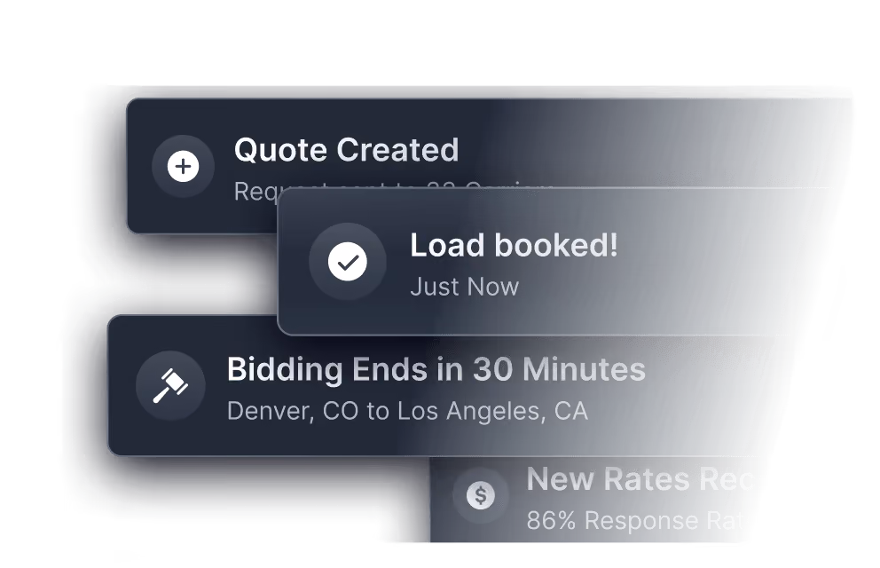 Stacked notifications: Quote Created, Load booked just now, Bidding Ends in 30 Minutes from Denver to Los Angeles.