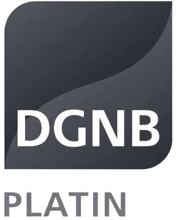 Visualisierung eines besonders nachhaltigen Gebäudes mit angestrebter DGNB-Zertifizierung in Platin; Themen: DGNB- und QNG-zertifiziertes Bauen, Klimafreundlicher Neubau (KFN).