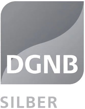 Visualisierung eines nachhaltigen Gebäudes mit angestrebter DGNB-Zertifizierung in Silber; Themen: DGNB- und QNG-zertifiziertes Bauen, Klimafreundlicher Neubau (KFN).
