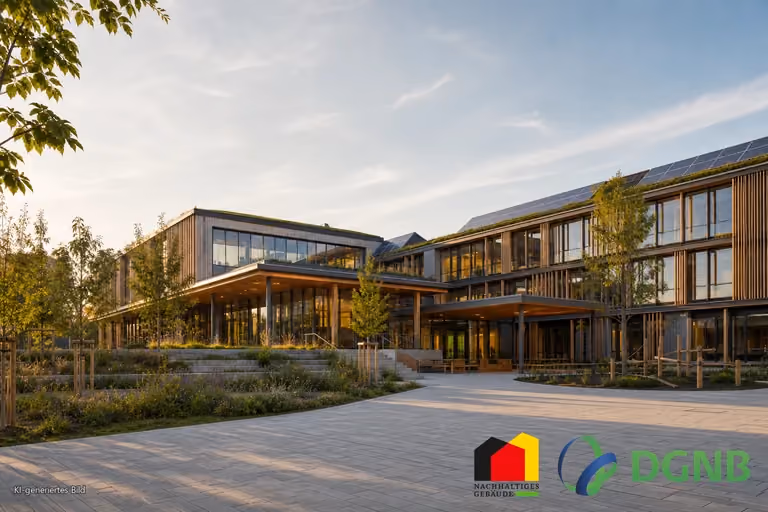 Visualisierung eines Bildungsbaus mit offenen Lernbereichen und Solardach; Themen: DGNB- und QNG-zertifiziertes Bauen, Klimafreundlicher Neubau (KFN).