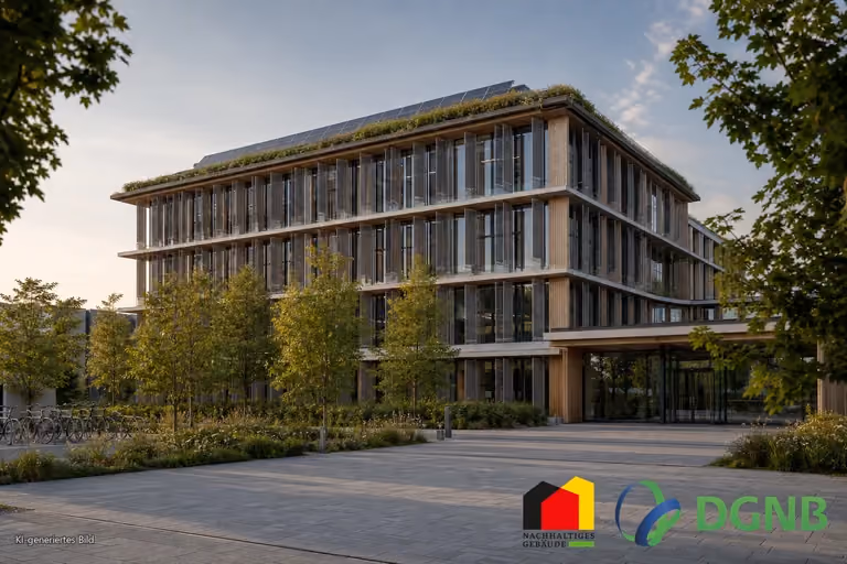 Visualisierung eines nachhaltigen Bürogebäudes mit Holz-Glas-Fassade und Solardach; Themen: DGNB- und QNG-zertifiziertes Bauen, Klimafreundlicher Neubau (KFN).