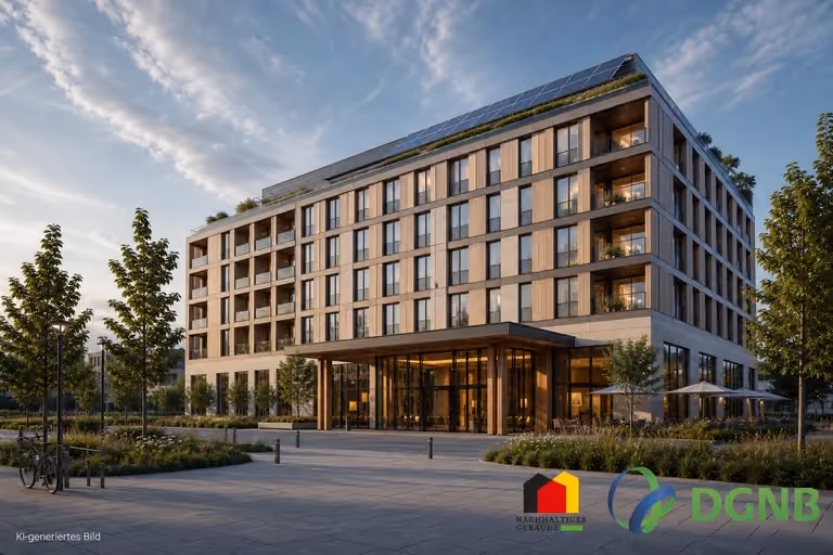 Visualisierung eines Hotels mit Holzfassade, verglaster Lobby und begrüntem Solardach; Themen: DGNB- und QNG-zertifiziertes Bauen, Klimafreundlicher Neubau (KFN).
