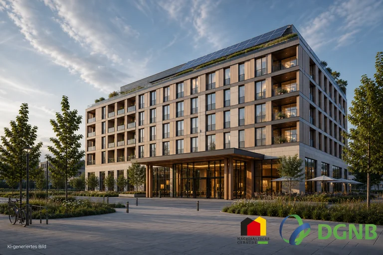 Visualisierung eines Hotels mit Holzfassade, verglaster Lobby und begrüntem Solardach; Themen: DGNB- und QNG-zertifiziertes Bauen, Klimafreundlicher Neubau (KFN).