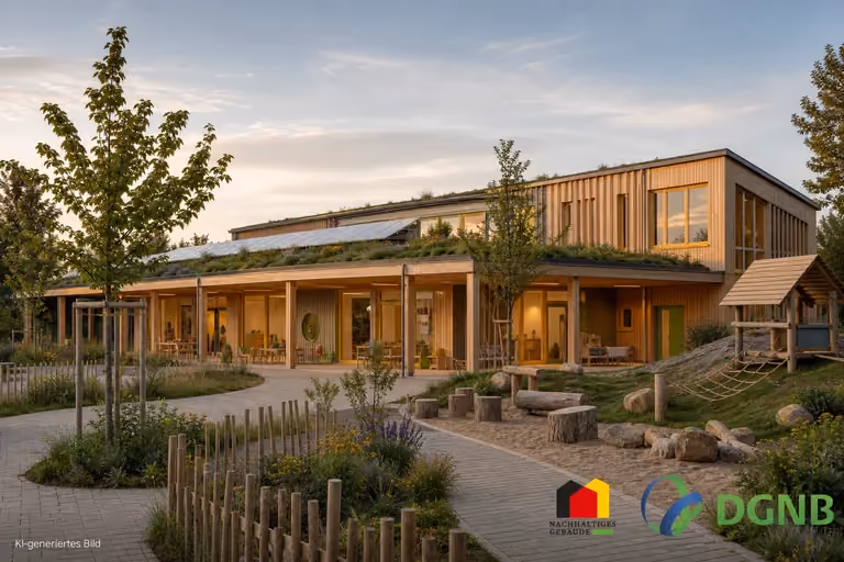 Visualisierung einer Kindertagesstätte aus Holz mit Gründach und Naturspielbereich; Themen: DGNB- und QNG-zertifiziertes Bauen, Klimafreundlicher Neubau (KFN).