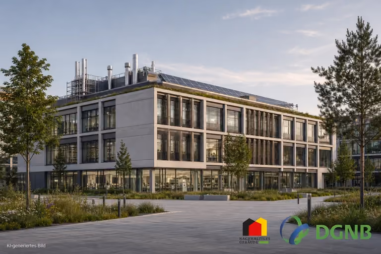 Visualisierung eines Laborgebäudes mit Glasfassade, Dachtechnik und Photovoltaik; Themen: DGNB- und QNG-zertifiziertes Bauen, Klimafreundlicher Neubau (KFN).