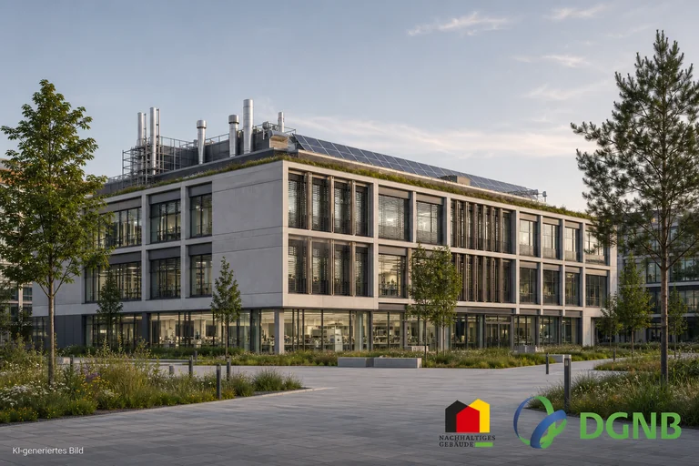 Visualisierung eines Laborgebäudes mit Glasfassade, Dachtechnik und Photovoltaik; Themen: DGNB- und QNG-zertifiziertes Bauen, Klimafreundlicher Neubau (KFN).