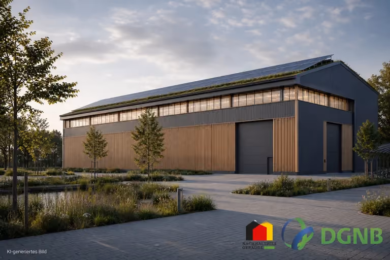 Visualisierung einer Lagerhalle mit Holzfassade, Gründach und Photovoltaik; Themen: DGNB- und QNG-zertifiziertes Bauen, Klimafreundlicher Neubau (KFN).
