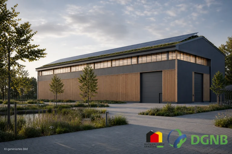 Visualisierung einer Lagerhalle mit Holzfassade, Gründach und Photovoltaik; Themen: DGNB- und QNG-zertifiziertes Bauen, Klimafreundlicher Neubau (KFN).