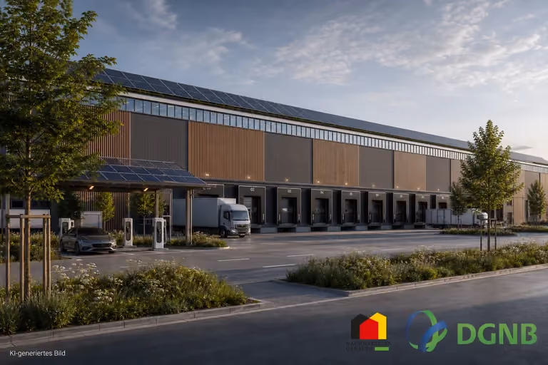 Visualisierung eines Logistikgebäudes mit Laderampen, Solardach und E-Ladestationen; Themen: DGNB- und QNG-zertifiziertes Bauen, Klimafreundlicher Neubau (KFN).