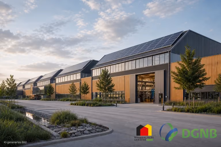Visualisierung einer Produktionshalle mit Holz-Metall-Fassade und Photovoltaik; Themen: DGNB- und QNG-zertifiziertes Bauen, Klimafreundlicher Neubau (KFN).
