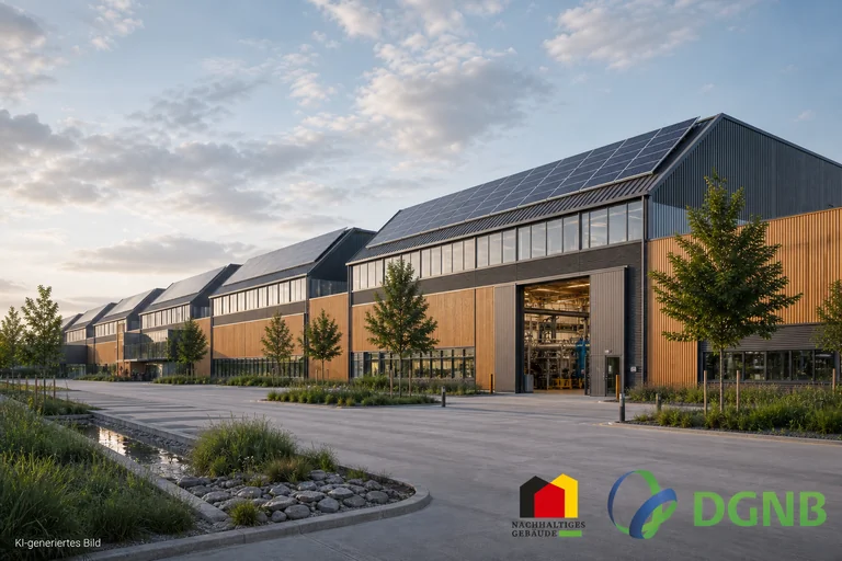 Visualisierung einer Produktionshalle mit Holz-Metall-Fassade und Photovoltaik; Themen: DGNB- und QNG-zertifiziertes Bauen, Klimafreundlicher Neubau (KFN).