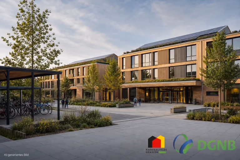 Visualisierung einer modernen Schule mit Holzfassade, Solardach und begrüntem Schulhof; Themen: DGNB- und QNG-zertifiziertes Bauen, Klimafreundlicher Neubau (KFN).