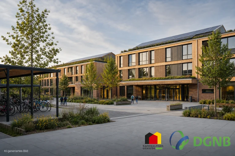 Visualisierung einer modernen Schule mit Holzfassade, Solardach und begrüntem Schulhof; Themen: DGNB- und QNG-zertifiziertes Bauen, Klimafreundlicher Neubau (KFN).