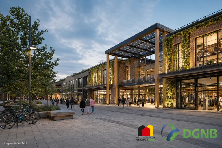 Visualisierung eines Shoppingcenters mit begrünten Fassaden und Solardach; Themen: DGNB- und QNG-zertifiziertes Bauen, Klimafreundlicher Neubau (KFN).