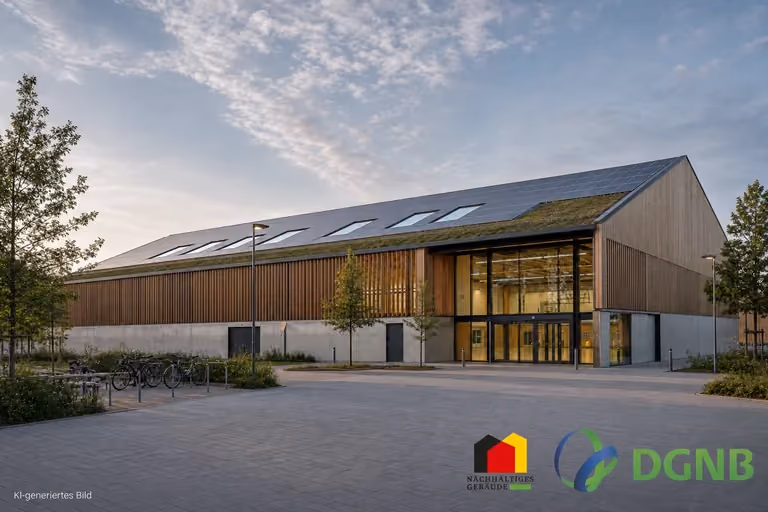 Visualisierung einer Sporthalle mit Holzfassade, Glasfront und begrüntem Solardach; Themen: DGNB- und QNG-zertifiziertes Bauen, Klimafreundlicher Neubau (KFN).